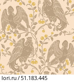 Seamless Slavic Mythology Alkonost Bird-Woman Pattern , Vintage Folk Art Wallpaper Design with Ornamental Branches and Berries. Стоковая иллюстрация, иллюстратор Анастасия Лембрик / Фотобанк Лори