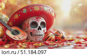 Decorated sugar skull with autumn flowers and leaves, celebration concept, background. Стоковое AI-видео, аниматор Анастасия Золотницкая / Фотобанк Лори
