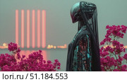 Futuristic humanoid robot stands elegantly among vibrant flowers at twilight by the waterfront. Стоковое AI-видео, аниматор Ekaterina Ismagilova / Фотобанк Лори
