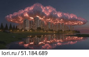 Stunning sunset illuminates city skyline with colorful clouds reflecting in tranquil water. Стоковое AI-видео, аниматор Ekaterina Ismagilova / Фотобанк Лори