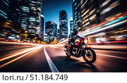 A motorcyclist rides along a city night street. The concept of excitement and adventure. Стоковое AI-изображение, AI-художник Ярославский Максим / Фотобанк Лори