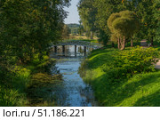 A humpback bridge over the pond "Under the shadow of dense Willows" and an alley in the Mikhailovskoye Estate of the Pushkin Museum-Reserve, Pushkinskiye Gory, Pskov Region, Russia. Стоковое фото, фотограф Ula Ulachka / Фотобанк Лори