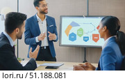 A team collaborates in an office setting, exchanging ideas and strategies for future projects while analyzing data. Стоковое AI-видео, аниматор Данила Большаков / Фотобанк Лори