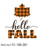 Hello fall quote lettering. Orange maple leaf made of buffalo plaid pattern. Cute autumn decorations. Vector template for Thanksgiving day, harvest festival, etc. Стоковая иллюстрация, иллюстратор Вера Федорова / Фотобанк Лори