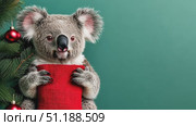 A cute koala clutches a red Christmas stocking while standing beside a decorated Christmas tree. With a festive green background and red ornaments, the image radiates holiday cheer and warmth. The koala's curious expression adds a touch of charm and whimsy, making it perfect for seasonal themes and Christmas promotions. Стоковое AI-видео, аниматор Ксения Чунаева / Фотобанк Лори