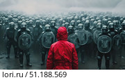 A solitary individual in a red coat confronts a massive line of riot police shrouded in fog, creating a dramatic atmosphere and tension. Стоковое AI-видео, аниматор Данила Большаков / Фотобанк Лори