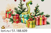Beautifully wrapped gifts are arranged amidst seasonal decorations, creating a cheerful and festive atmosphere for the holidays. Стоковое AI-видео, аниматор Данила Большаков / Фотобанк Лори
