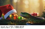 A green lizard with a Santa hat sits beside beautifully wrapped presents in a serene, festive environment filled with holiday cheer. Стоковое AI-видео, аниматор Данила Большаков / Фотобанк Лори