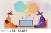 Two animated foxes sit at a table, calmly conversing with each other in a colorful and serene atmosphere. Стоковое AI-видео, аниматор Данила Большаков / Фотобанк Лори
