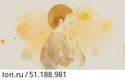 Watercolor woman in a brown robe with her hands raised in a gesture, set against a backdrop of a yellow-brown color, with a splatter effect. Стоковое AI-видео, аниматор Данила Большаков / Фотобанк Лори