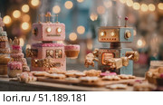 Robot bakers create delightful cookies in a whimsical bakery setting at sunset. Стоковое AI-видео, аниматор Ekaterina Ismagilova / Фотобанк Лори