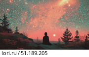 Discovering the cosmos while meditating under a starry sky at sunset in a tranquil natural setting. Стоковое AI-видео, аниматор Ekaterina Ismagilova / Фотобанк Лори