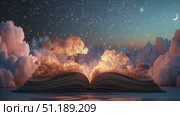 Magical book opens to reveal enchanted garden under a starry sky at dusk. Стоковое AI-видео, аниматор Ekaterina Ismagilova / Фотобанк Лори