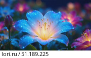 Futuristic blooming flowers with micro-LED petals, soft rain. Стоковое AI-видео, аниматор Виктория Кольцова / Фотобанк Лори