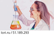 A joyful scientist conducts a chemistry experiment showing vibrant color changes while working in a laboratory environment. Стоковое AI-видео, аниматор Данила Большаков / Фотобанк Лори
