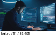 A data analyst focuses intently on multiple screens displaying financial graphs and metrics during a late-night work session in a modern control room. Стоковое AI-видео, аниматор Данила Большаков / Фотобанк Лори