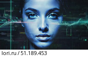 Portrait of woman with glowing blue features, surrounded by digital elements and data visualizations, highlighting blend of technology and art. Стоковое AI-видео, аниматор Данила Большаков / Фотобанк Лори