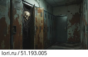 Eerie skull emerges from locker in dimly lit corridor with peeling paint and cobwebs. Стоковое AI-видео, аниматор Данил Руденко / Фотобанк Лори
