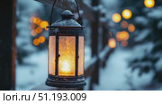 Illuminated lantern glowing warmly in snowy landscape with blurred lights creating a cozy atmosphere. Стоковое AI-видео, аниматор Данил Руденко / Фотобанк Лори