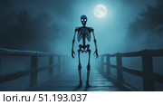 Skeleton figure stands on a wooden bridge under a glowing moon in a foggy night scene. Стоковое AI-видео, аниматор Данил Руденко / Фотобанк Лори