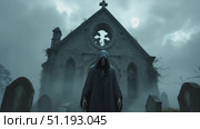 Mysterious figure in dark cloak stands before an ancient church under a full moon. Стоковое AI-видео, аниматор Данил Руденко / Фотобанк Лори