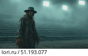 Scarecrow figure stands ominously in foggy stadium under bright lights, creating eerie atmosphere. Стоковое AI-видео, аниматор Данил Руденко / Фотобанк Лори