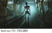 Skeleton figure descends dimly lit staircase in foggy atmosphere with vintage posters lining walls. Стоковое AI-видео, аниматор Данил Руденко / Фотобанк Лори