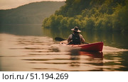 Active man wearing hat is seen paddling red canoe across a body of water. The canoe moves steadily as the man navigates the water with focused determination. Стоковое AI-видео, аниматор Данила Большаков / Фотобанк Лори