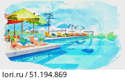 Enjoy a tranquil afternoon by the pool with vibrant umbrellas and cozy lounge chairs, perfect for unwinding in the sun. Стоковое AI-видео, аниматор Данила Большаков / Фотобанк Лори