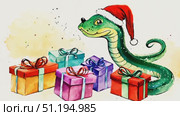 A playful snake wears a Santa hat and stands amidst beautifully wrapped presents, creating a festive and joyful atmosphere for the holiday season. Стоковое AI-видео, аниматор Данила Большаков / Фотобанк Лори