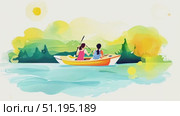 Friends paddle together on a bright day, enjoying the tranquility of nature's beauty while exploring the peaceful lake surroundings. Стоковое AI-видео, аниматор Данила Большаков / Фотобанк Лори