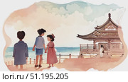Enjoy a peaceful morning stroll by the ocean, taking in the beauty of a traditional architectural gem against a serene seaside backdrop. Стоковое AI-видео, аниматор Данила Большаков / Фотобанк Лори