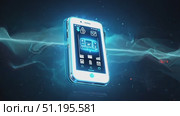 A smartphone levitates in a digital setting, surrounded by vibrant sound waves, showcasing cutting-edge technology and innovation in design. Стоковое AI-видео, аниматор Данила Большаков / Фотобанк Лори