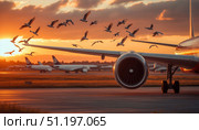 A large jet engine is on the runway with a flock of birds flying around it. Стоковое AI-изображение, AI-художник Ярославский Максим / Фотобанк Лори