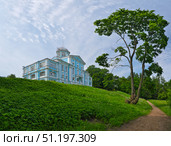 Особняк Воронцова (усадьба Новознаменка, Санкт-Петербург), сине-белый дворец в стиле барокко работы Трезини и Ринальди, летний вид с зелёным лугом. Стоковое фото, фотограф Елена  Попкова / Фотобанк Лори