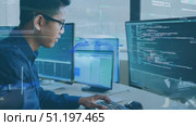 A dedicated worker focuses on data analysis in a sleek office setting, surrounded by multiple monitors displaying detailed information and graphs. Стоковое AI-видео, аниматор Данила Большаков / Фотобанк Лори