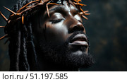 Jesus in crown of thorns with red drops on his face. Стоковое AI-изображение, AI-художник Anastasy Yarmolovich / Фотобанк Лори