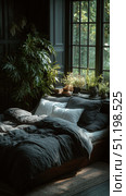 Cozy Dark Bedroom With Plants and Large Windows Allowing Natural Light. Стоковое AI-изображение, AI-художник Юлия Гапеенко / Фотобанк Лори