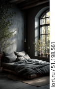 Cozy Dark Bedroom With Plants and Large Windows Allowing Natural Light. Стоковое AI-изображение, AI-художник Юлия Гапеенко / Фотобанк Лори