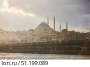 ISTANBUL, TURKEY - NOVEMBER 25, 2021: View of Galata Bridge and Sultanahmet Mosque at sunset. Редакционное фото, фотограф Наталия Кирсанова / Фотобанк Лори