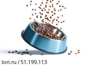 Blue steel pet bowl with small brown kibble food particles flying out of it isolated white background. Metal feline animal bowl full of dog food spilling into it. Dry cat feed floating in the air. Стоковое AI-изображение, AI-художник Марина Демидюк / Фотобанк Лори