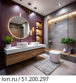 Modern Bathroom With Double Vanity and Glass Shower Enclosure. Generative AI. Стоковое AI-изображение, AI-художник Roman Zavorotny / Фотобанк Лори
