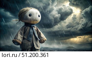 A Rain Doll Stands in a Stormy Landscape. Generative AI. Стоковое AI-изображение, AI-художник Roman Zavorotny / Фотобанк Лори