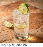 A Refreshing Gin Tonic With Lime Wedge and Ice in a Highball Glass on a Wooden Table. Generative AI. Стоковое AI-изображение, AI-художник Roman Zavorotny / Фотобанк Лори