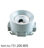 Round recessed ceiling light housing component in white color, photographed on isolated white background, used in stretch ceiling and lighting systems. Стоковое фото, фотограф Татьяна Терехина / Фотобанк Лори
