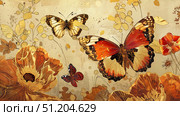 Golden Elegance: A Butterfly's Midas Touch Amidst Blooms. Стоковое AI-изображение, AI-художник Konstantin Plotnikov / Фотобанк Лори