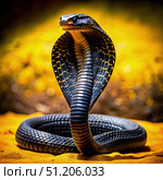 Black Cobra Snake in a Defensive Posture on Yellow Sand. Generative AI. Стоковое AI-изображение, AI-художник Roman Zavorotny / Фотобанк Лори