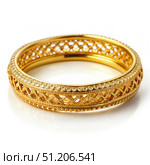 A Delicate Gold Bangle With Intricate Latticework Design on a White Background. Generative AI. Стоковое AI-изображение, AI-художник Roman Zavorotny / Фотобанк Лори