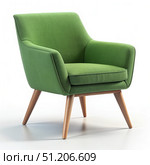 Green Upholstered Armchair With Wooden Legs on White Background. Generative AI. Стоковое AI-изображение, AI-художник Roman Zavorotny / Фотобанк Лори