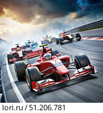 High-Octane Formula Cars Race Under a Dramatic Sky. Generative AI. Стоковое AI-изображение, AI-художник Roman Zavorotny / Фотобанк Лори